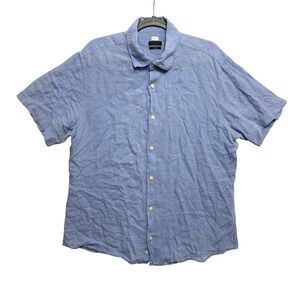 Z Zegna Shirt Mens XL Blue Linen Short Sleeve Button Up Slim Fit Designer